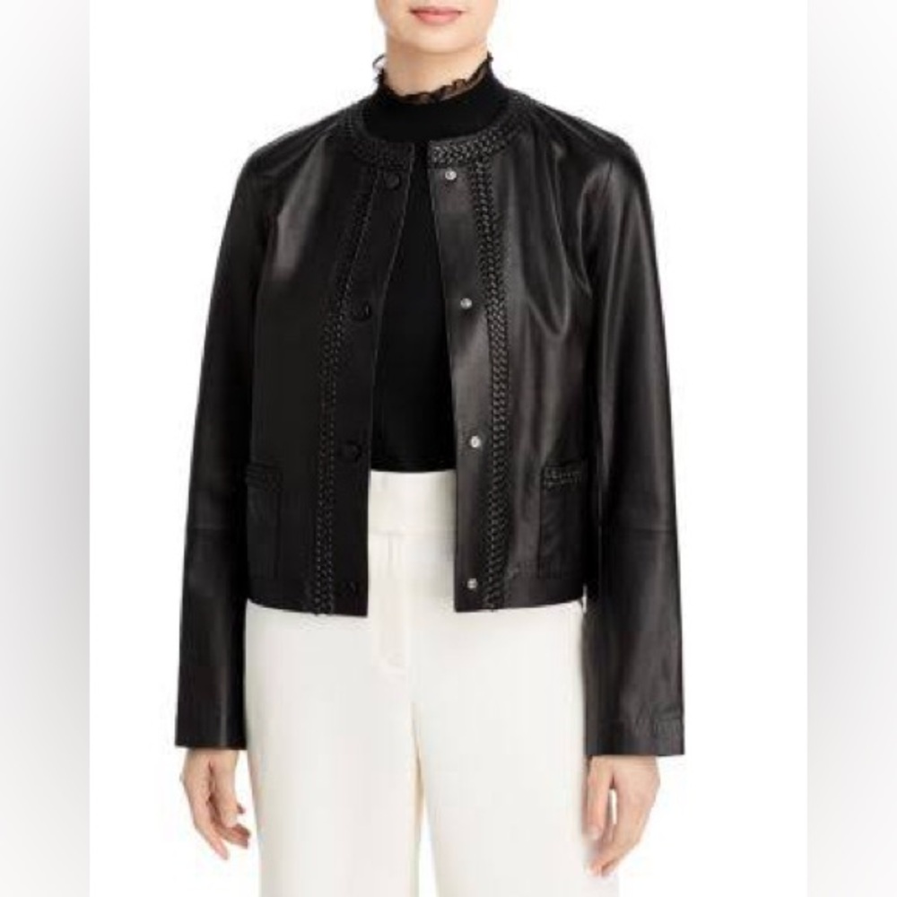 Lafayette 148 NY Alden Braided Trim Lambskin Leather Jacket 3X Excellent - Picture 13 of 14